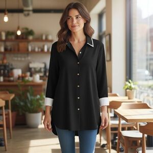 Jones New York Black Button Down Shirt with White Accents